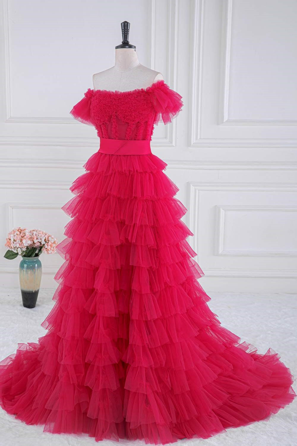 Off the Shoulder Fuchsia Ruffle Tiered Prom Dress with Sash FancyVestido