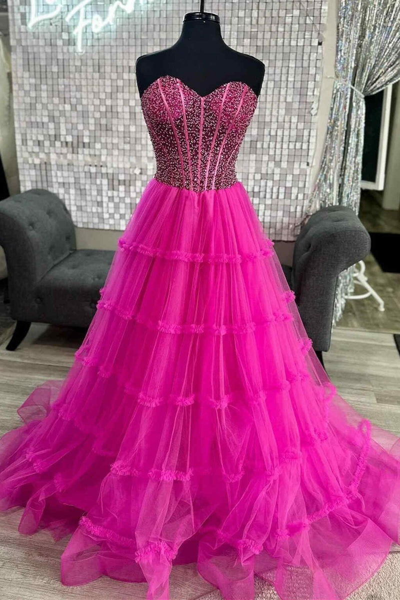 Sweetheart Fuchsia Beaded Ruffles Tulle Prom Dress Fancyvestido