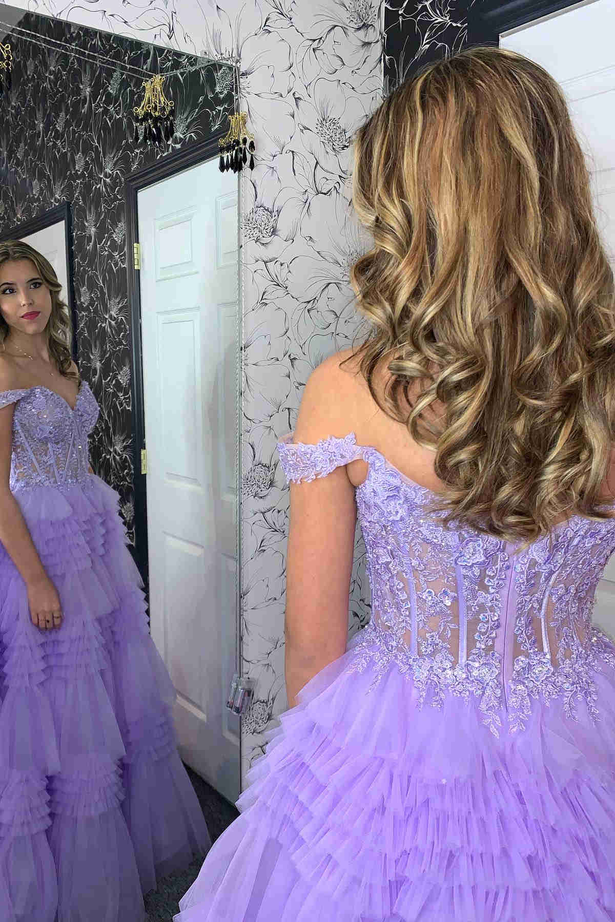 Queendancer Women Lavender Strapless Tiered Tulle Corset Prom Dress with  Appliques – queendanceruk