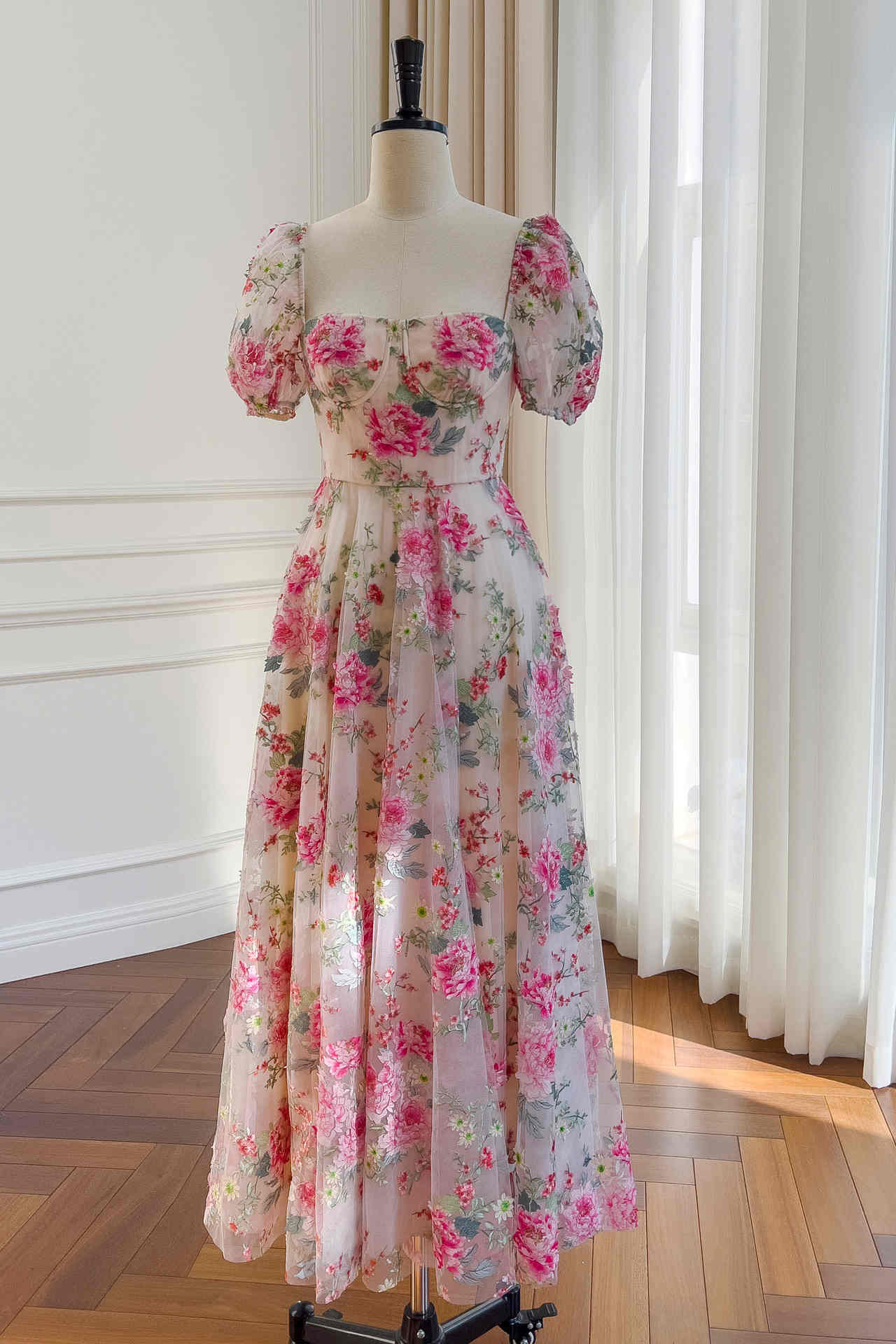 Floral embroidered tulle prom dress best sale