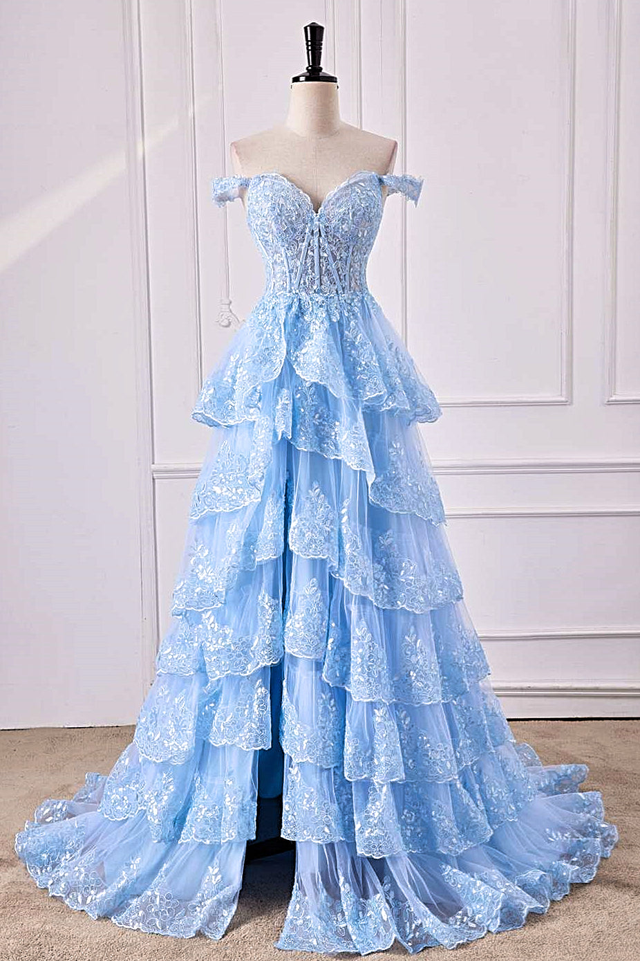 Light blue prom dress with flowers fashion