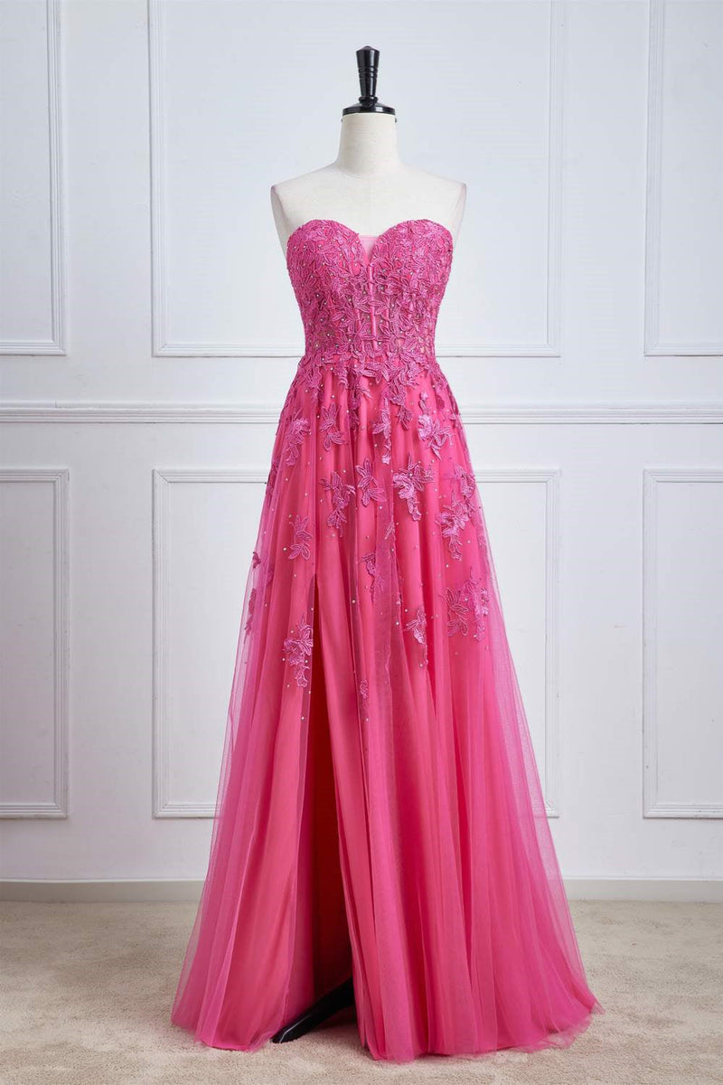 Sweetheart Hot Pink Lace Corset Prom Dress with Slit – FancyVestido