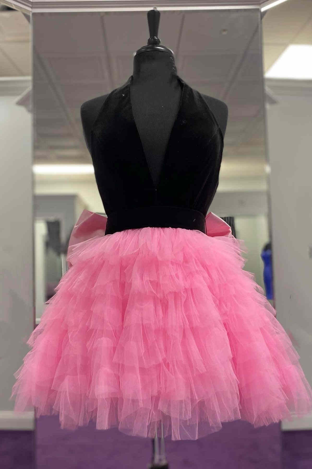 Cute Black and Pink Halter Ruffle Short Party Dress