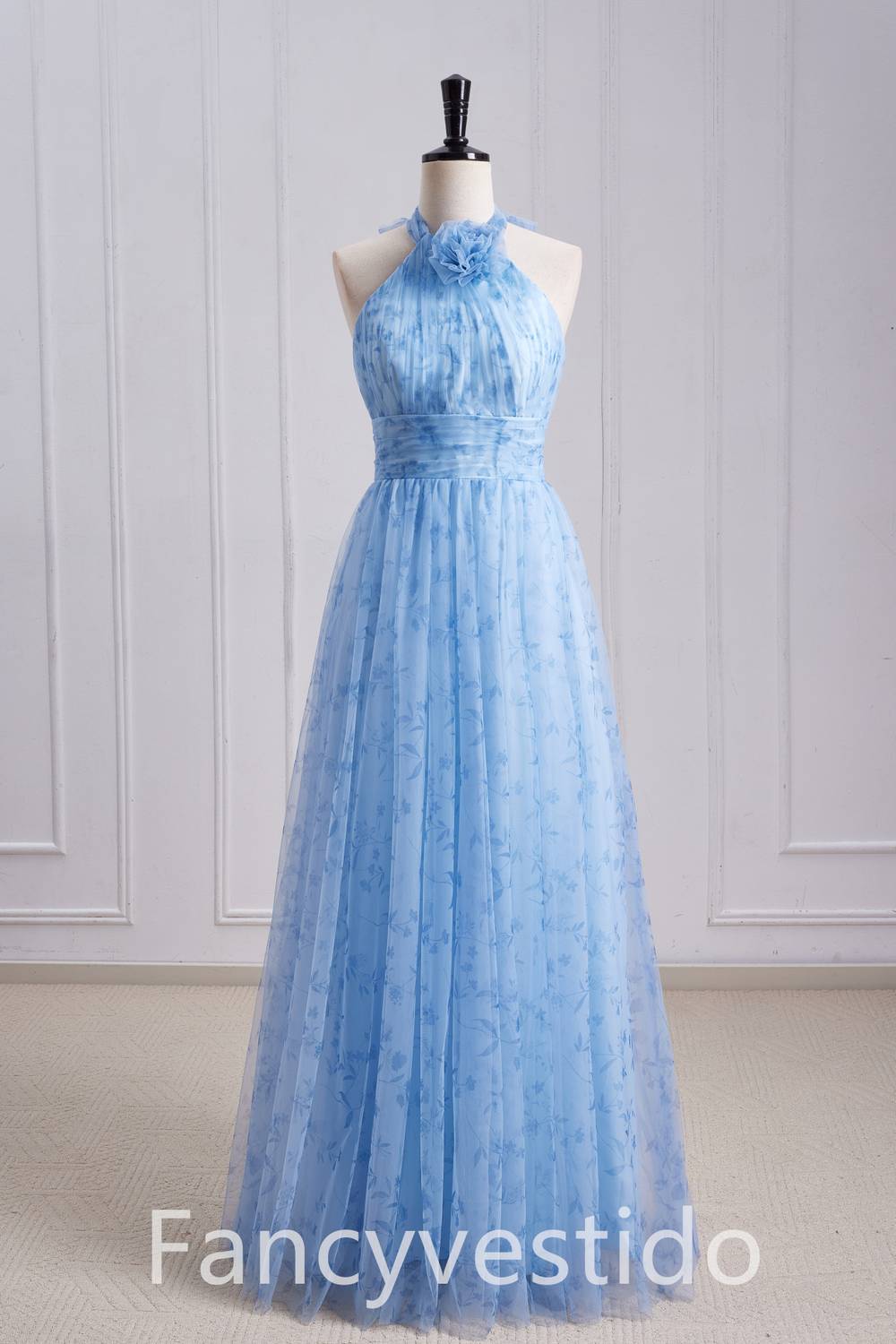 Halter Blue Floral Print A-Line Maxi Dress with Rosette