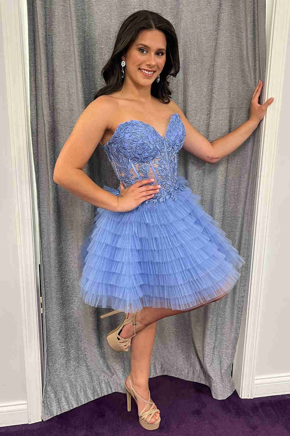 Sweetheart Periwinkle Corset Ruffle Homecoming Dress with Appliques