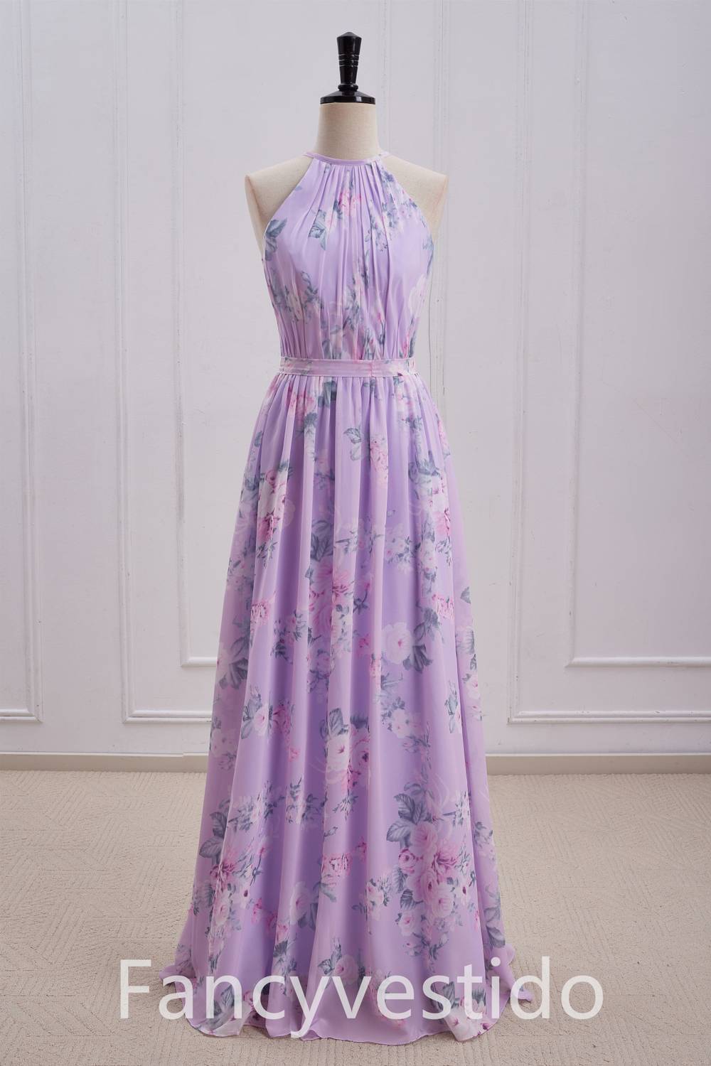 Halter Purple Floral Print A-Line Chiffon Bridesmaid Dress