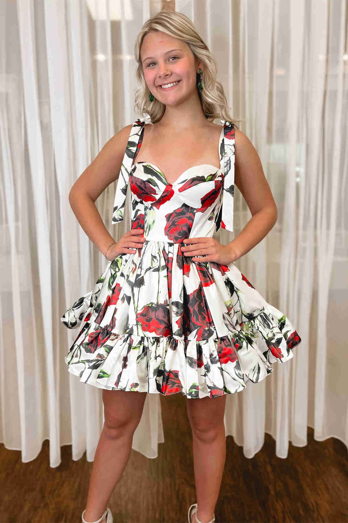 Bow Tie Floral Print A-Line Short Homecoming Dress