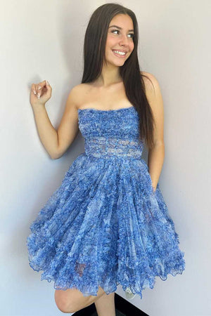 Strapless Blue Floral Print A-Line Homecoming Dress with Pockets
