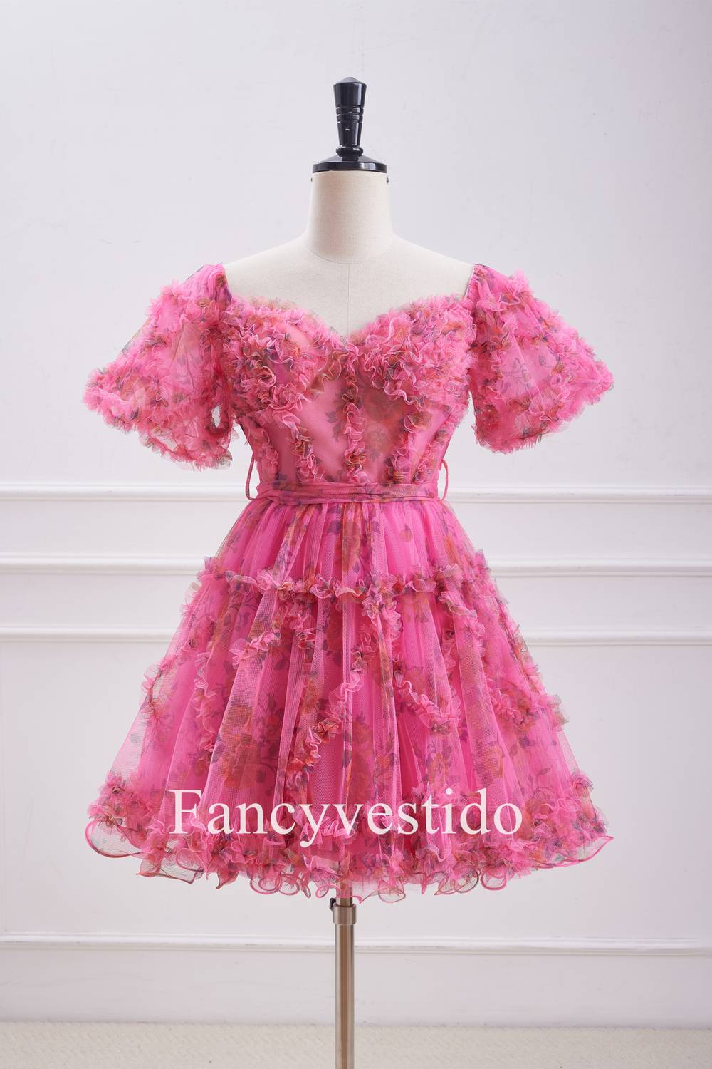 Princess Hot Pink Corset Floral Print Ruffle Homecoming Dress