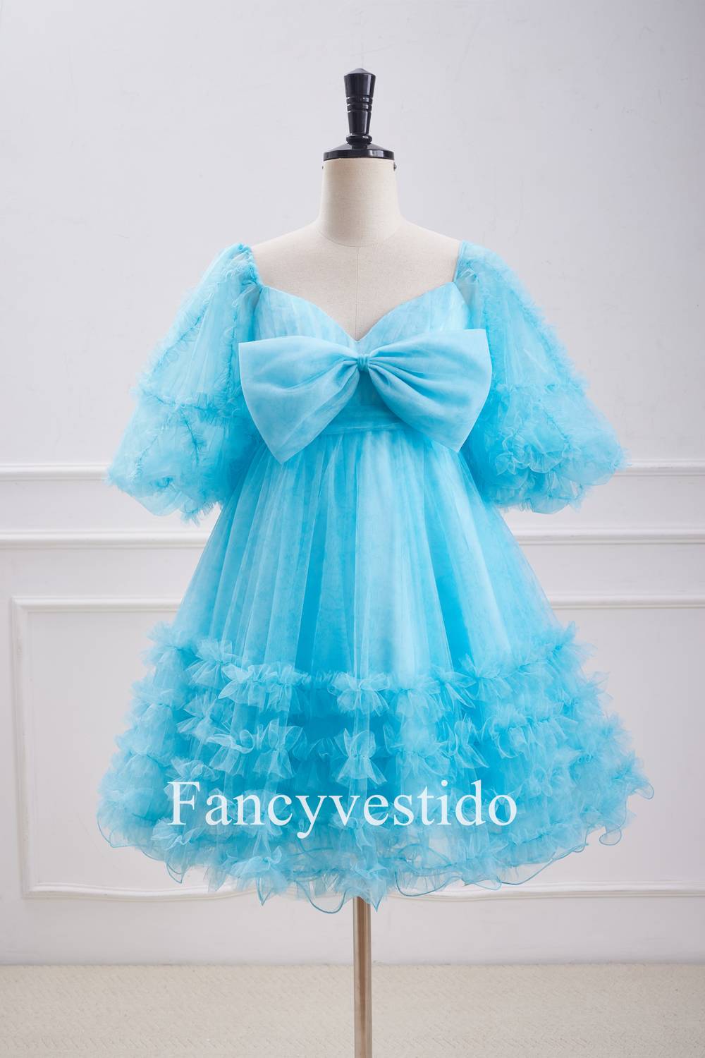 Blue Balloon Sleeves Ruffles Babydoll Homecoming Dress with Bow