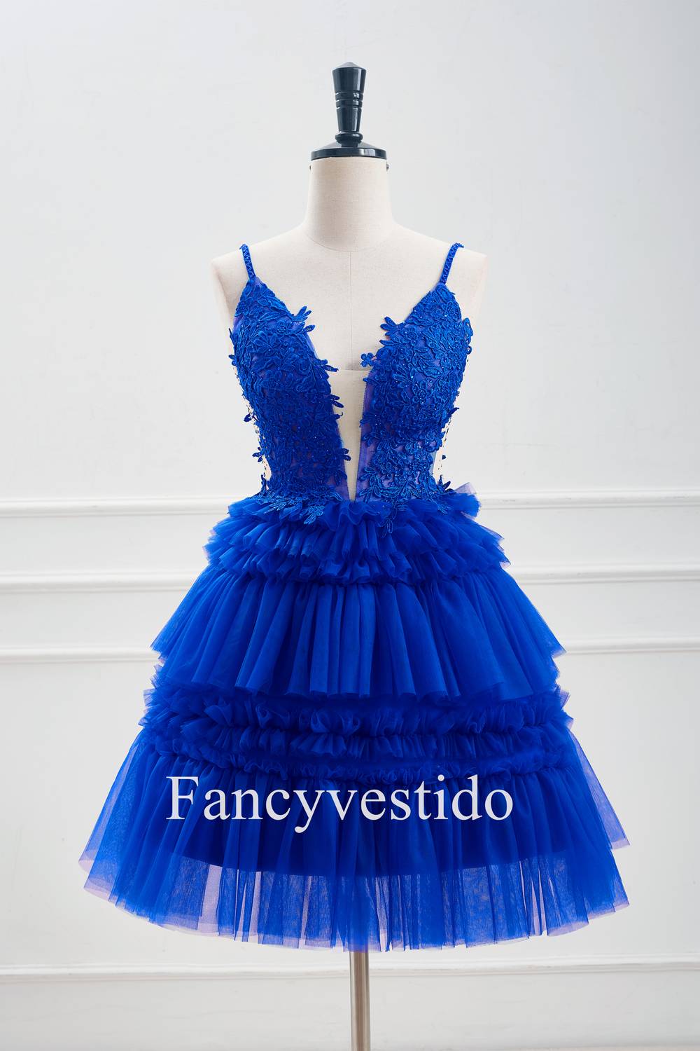 Plunging Neck Royal Blue Beaded Ruffle Tulle Homecoming Dress