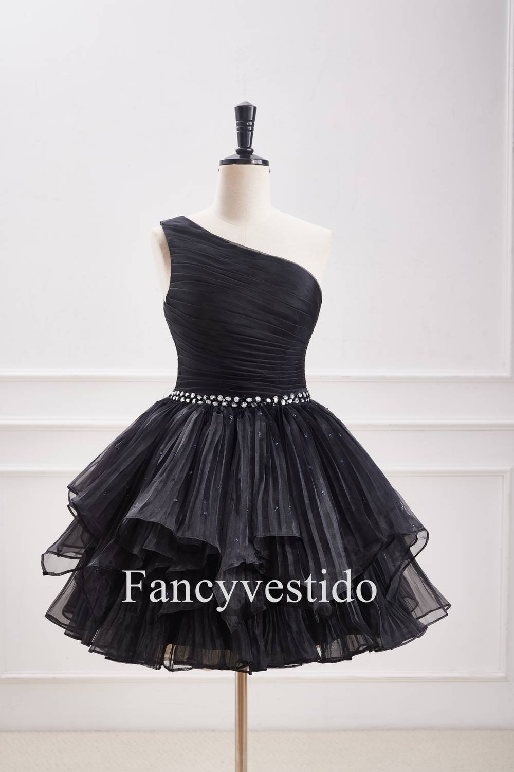 A-Line Black One Shoulder Pleated Ruffle Homecoming Dress with Rhinestones