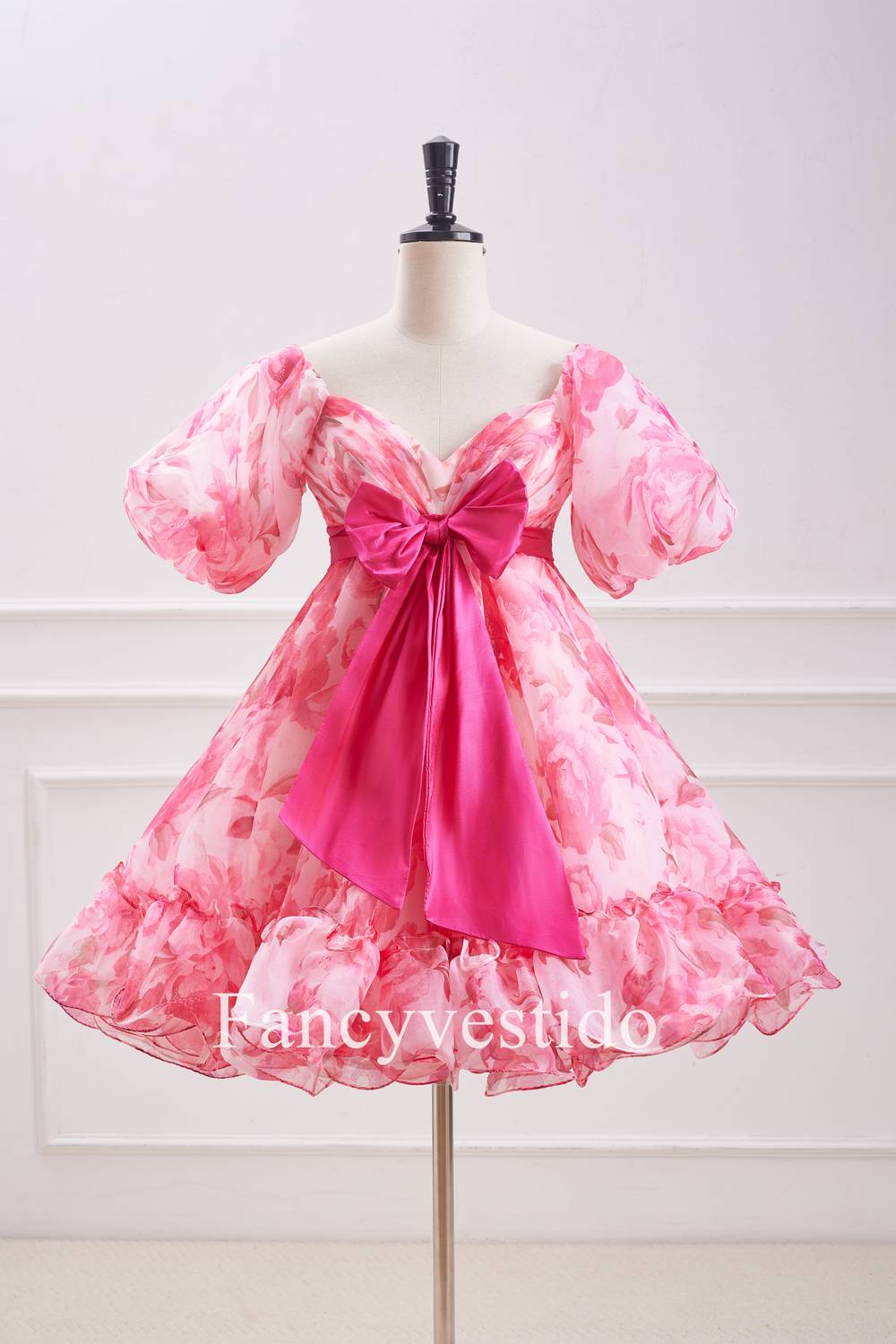 Princess Pink Balloon Sleeves Floral Babydoll Homecoming Dress