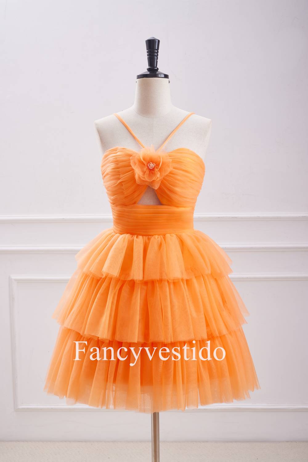 Straps Orange Keyhole Rosette A-Line Ruffle Homecoming Dress