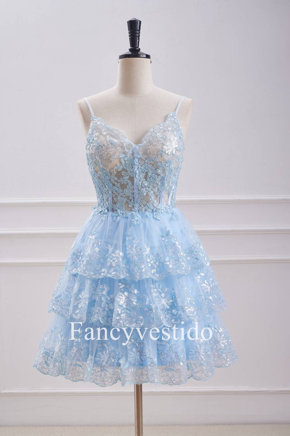 Straps Light Blue Sequin Appliques Tiered Homecoming Dress