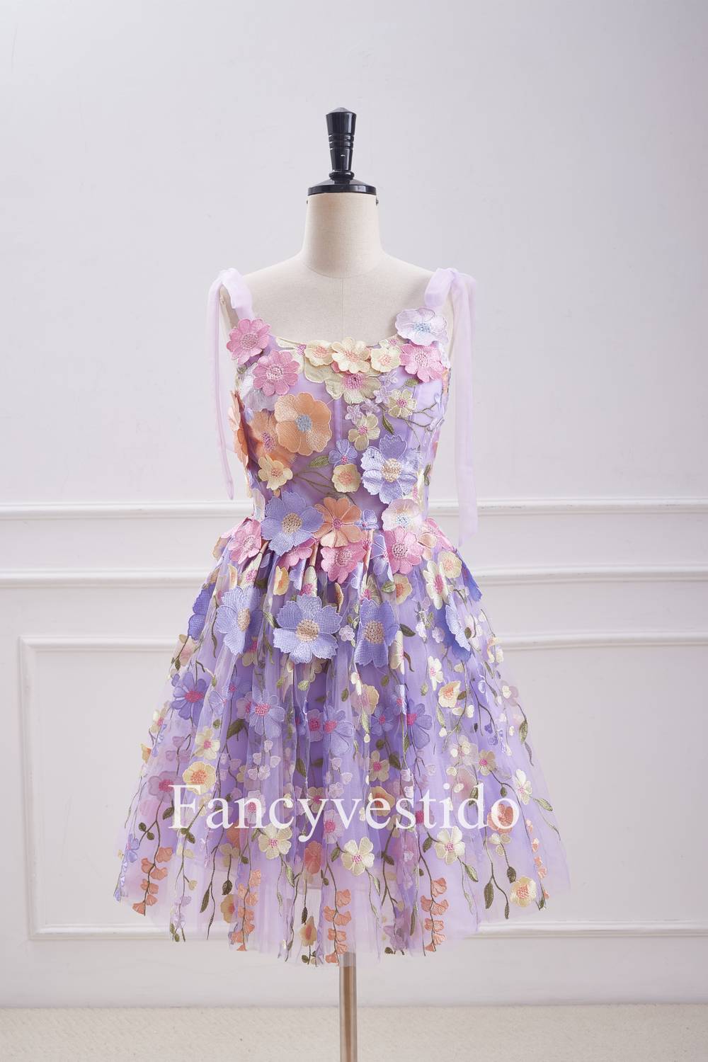 Lavender Floral Lace Up 3D Flowers Back Zip Party Dress