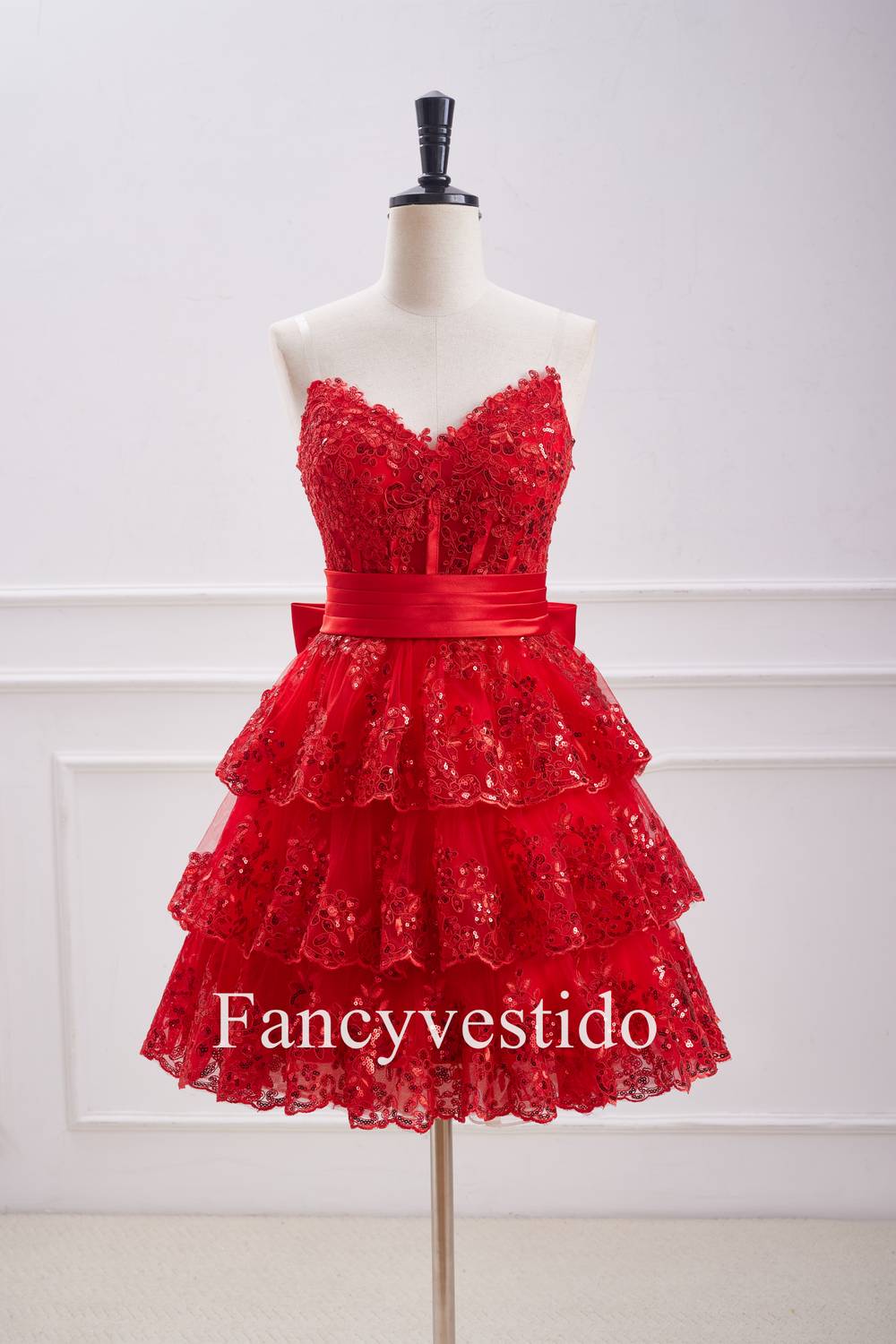 Strapless Red Corset Sequin Ruffle Homecoming Dress with Bow