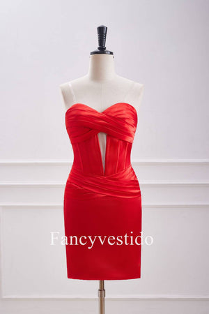 Red Keyhole Corset Fitted Ruched Homecoming Dress