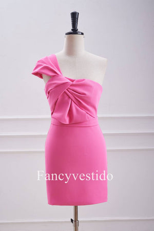 Fitted One Shoulder Twist Hot Pink Knot Mini Dress
