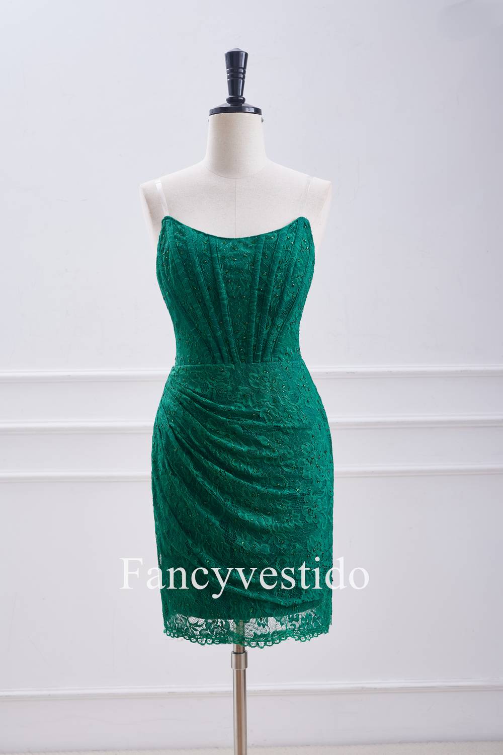 Strapless Emerald Green Fitted Beaded Corset Lace Mini Dress