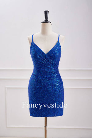 V-Neck Straps Royal Blue Sequin Ruched Homecoming Dress