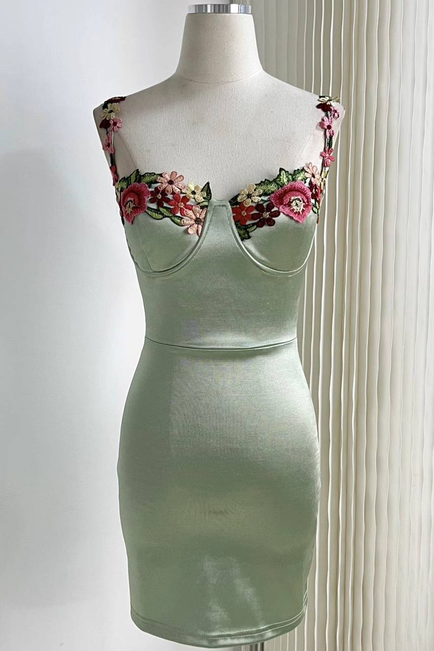 Gorgeous Sage Green Floral Embroidery Short Party Dress