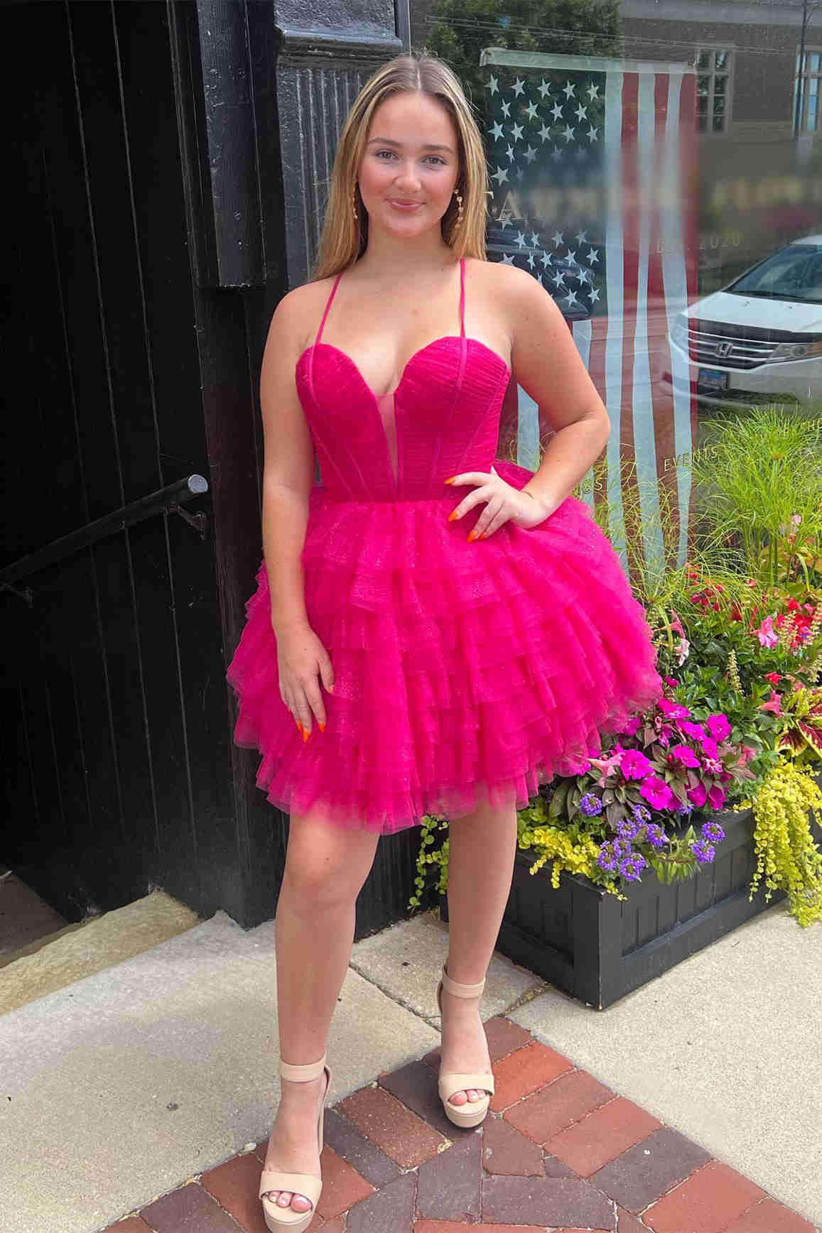 Straps Fuchsia Tulle Tiered A-Line Homecoming Dress