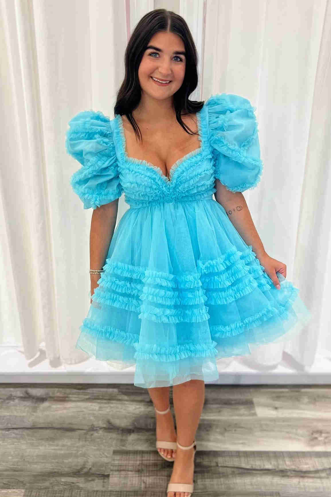 Light Blue Corset Balloon Sleeves Ruffle Short Homecoming Dress