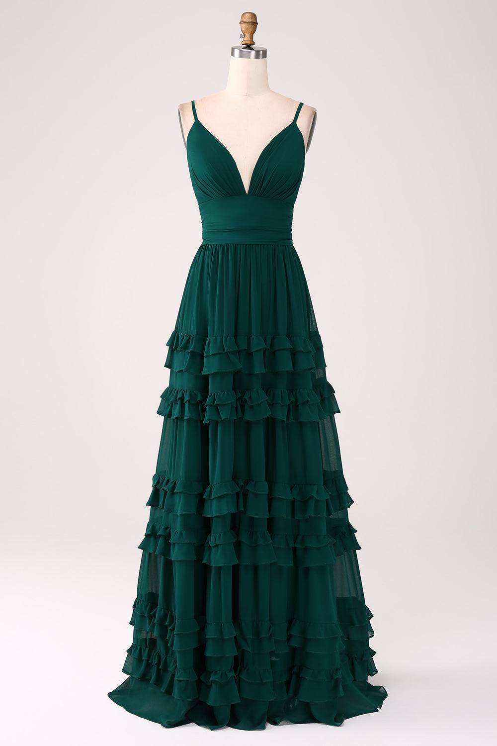 Plunging Neck Hunter Green A-Line Ruffle Maxi Dress