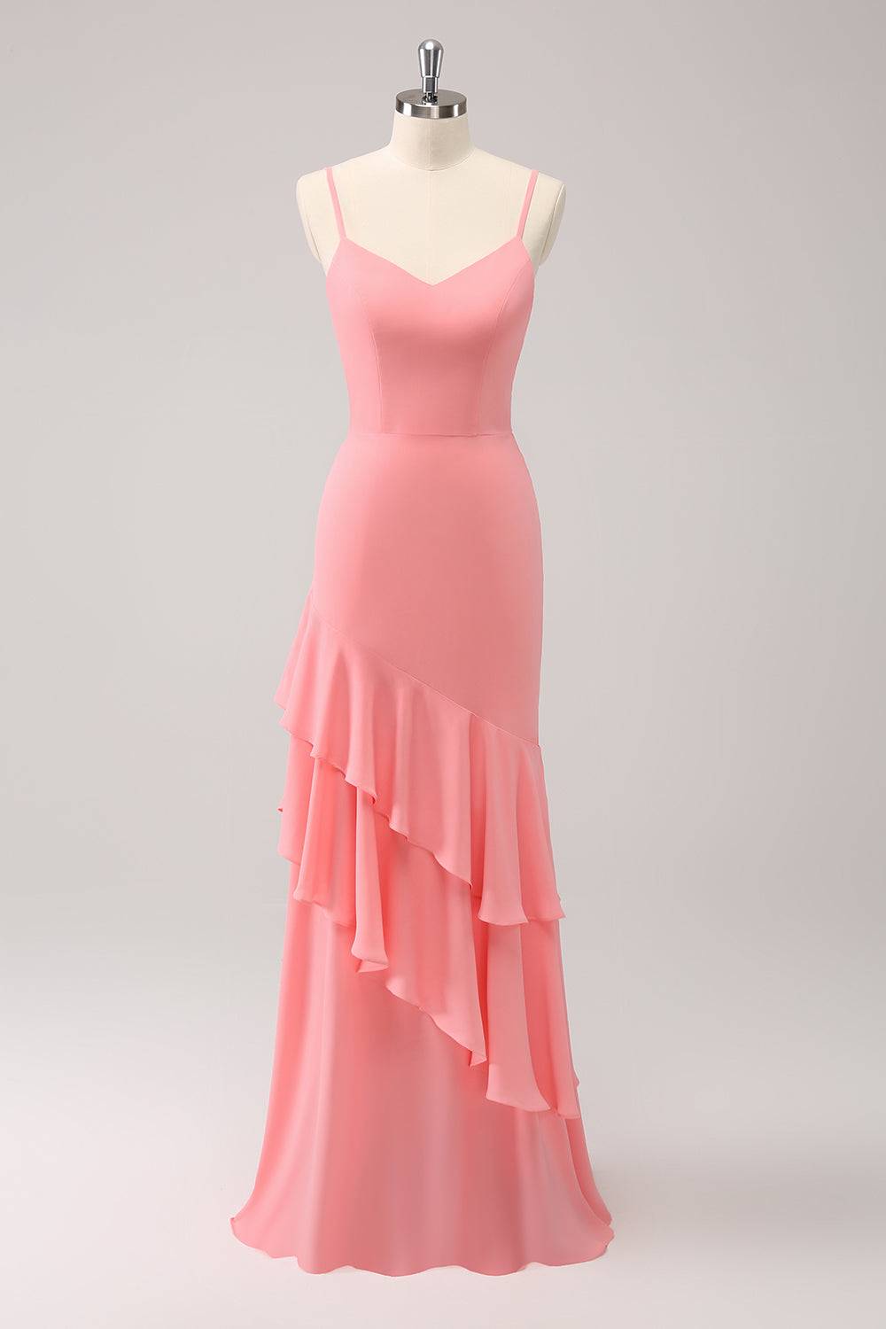 Coral Straps Mermaid Maxi Dress with Ruffles