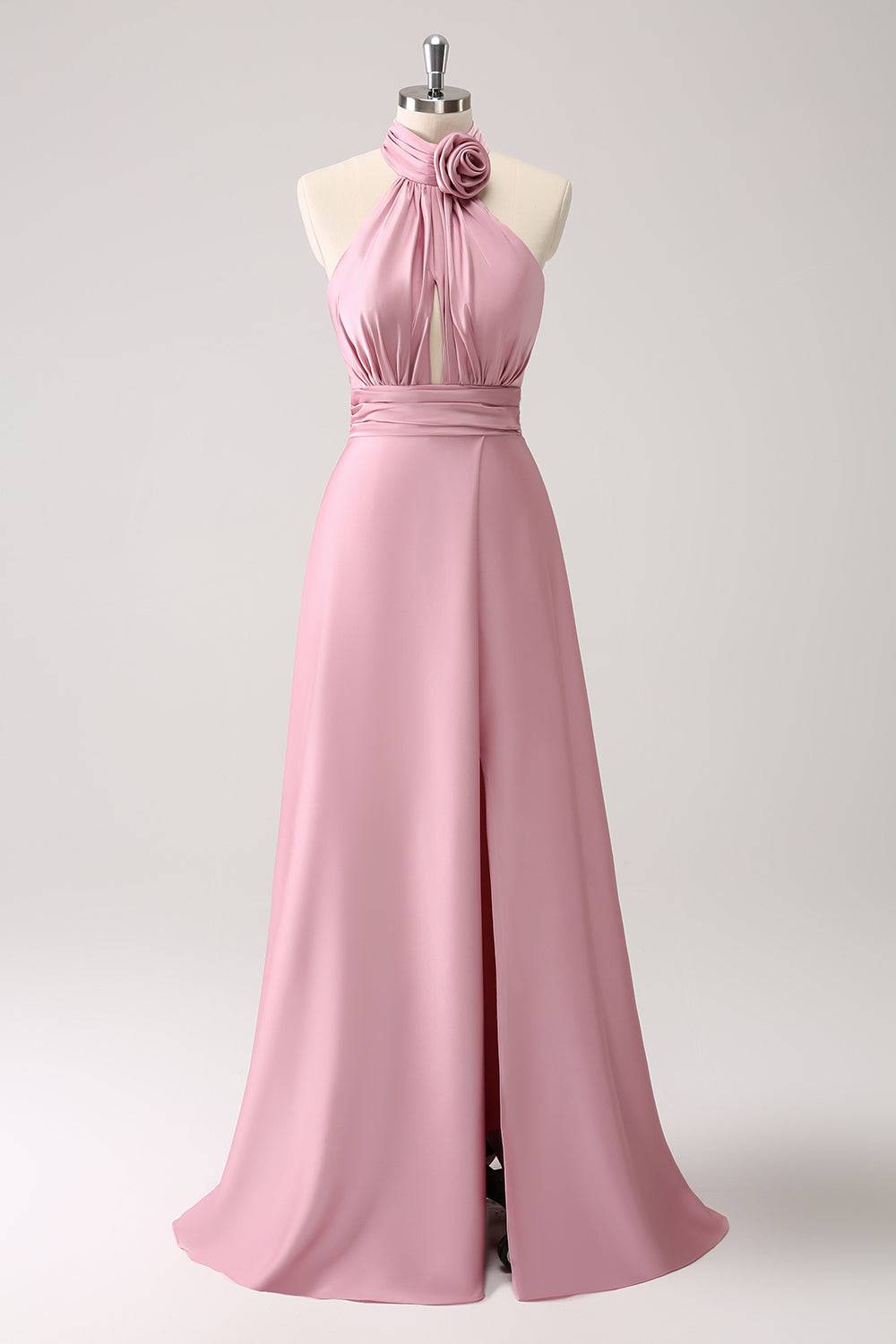 Halter Blush Pink Rosette Slit Maxi Dress