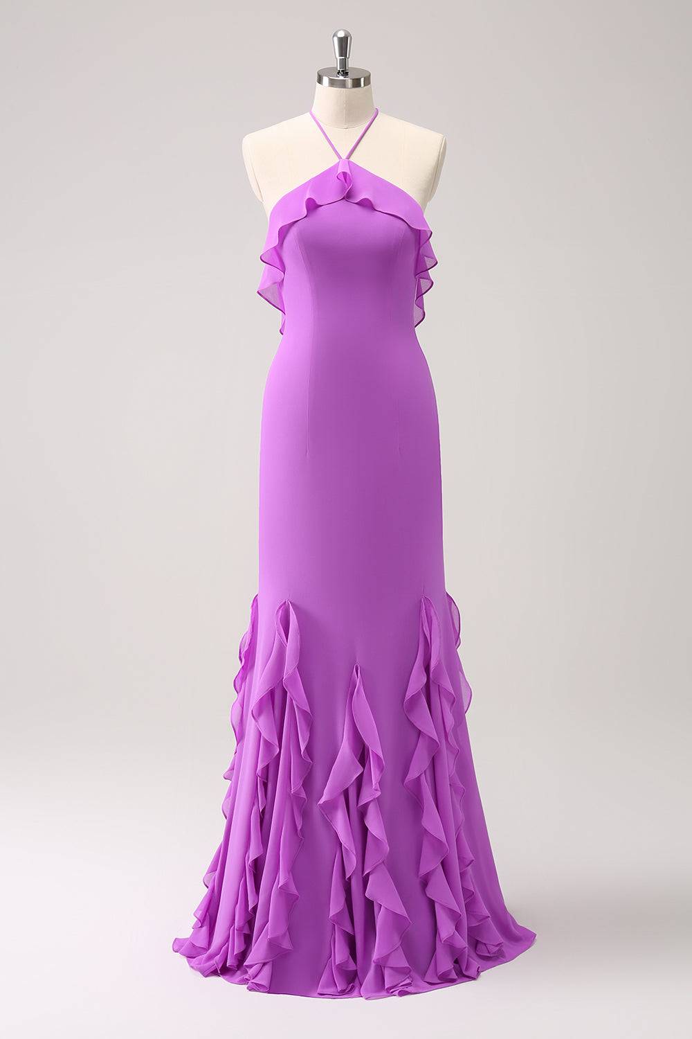 Straps Lilac Chiffon Ruffle Maxi Dress