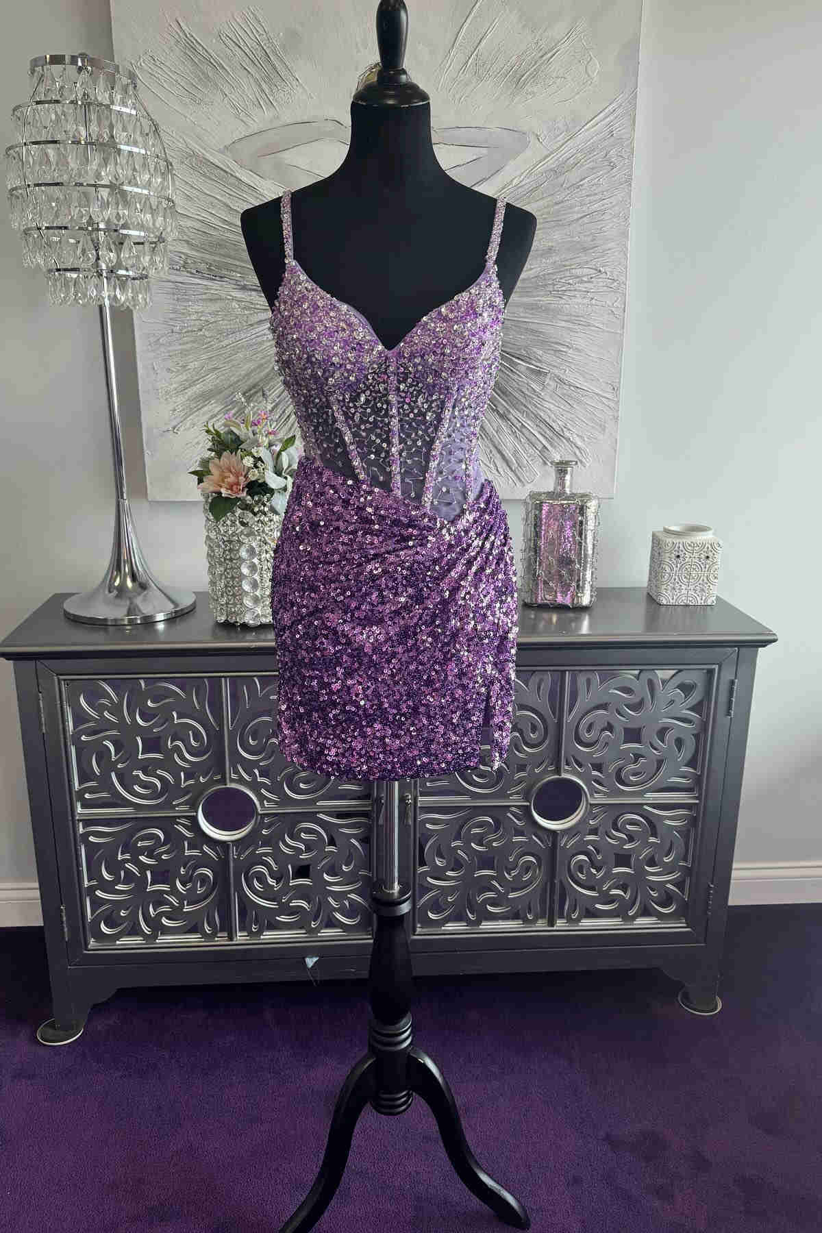 Fitted Purple Straps Beaded Sequin Mini Homecoming Dress