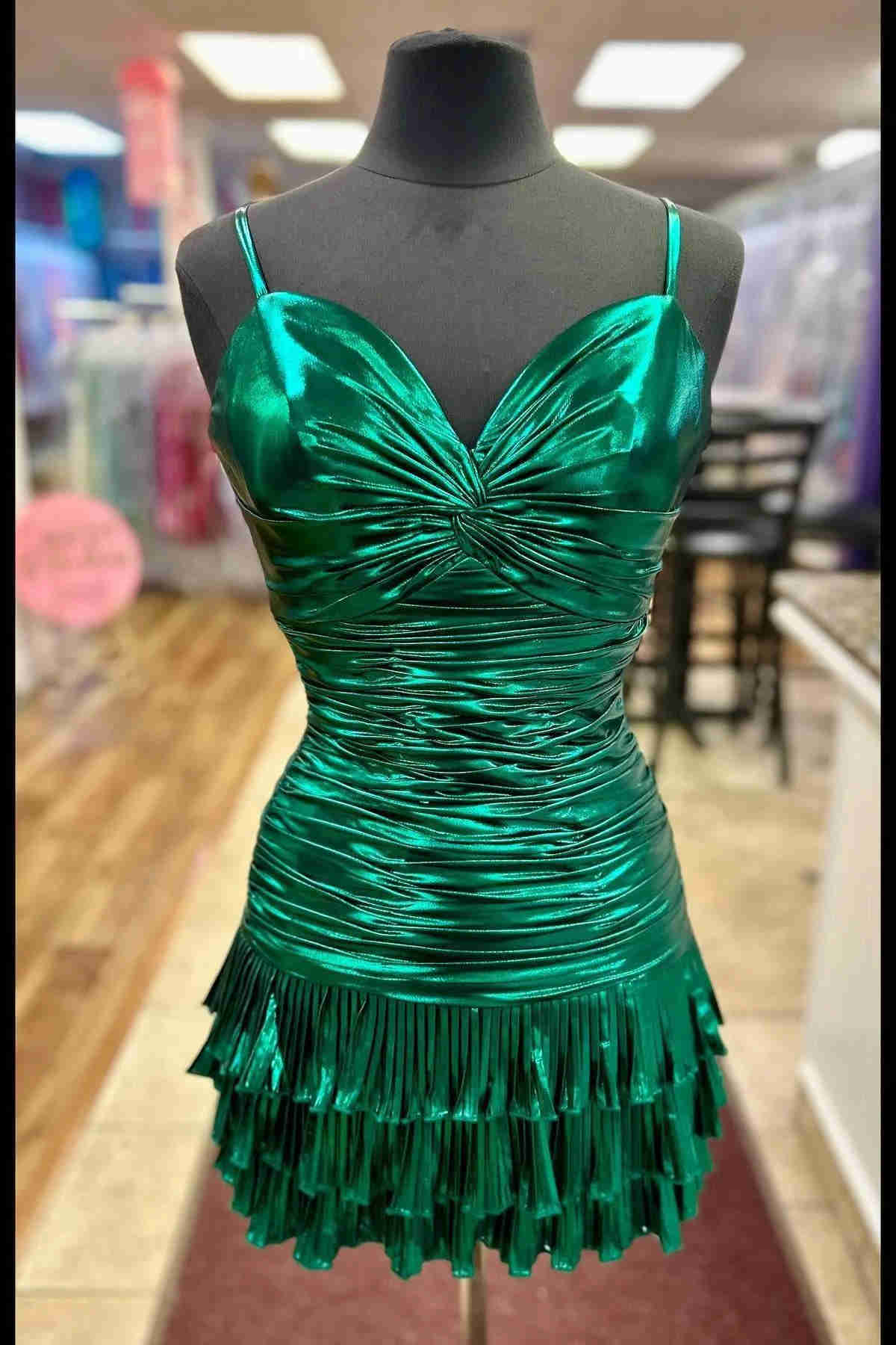 Sparkly Metallic Green Straps Knotted Short Homecoming Dress with Ruffles