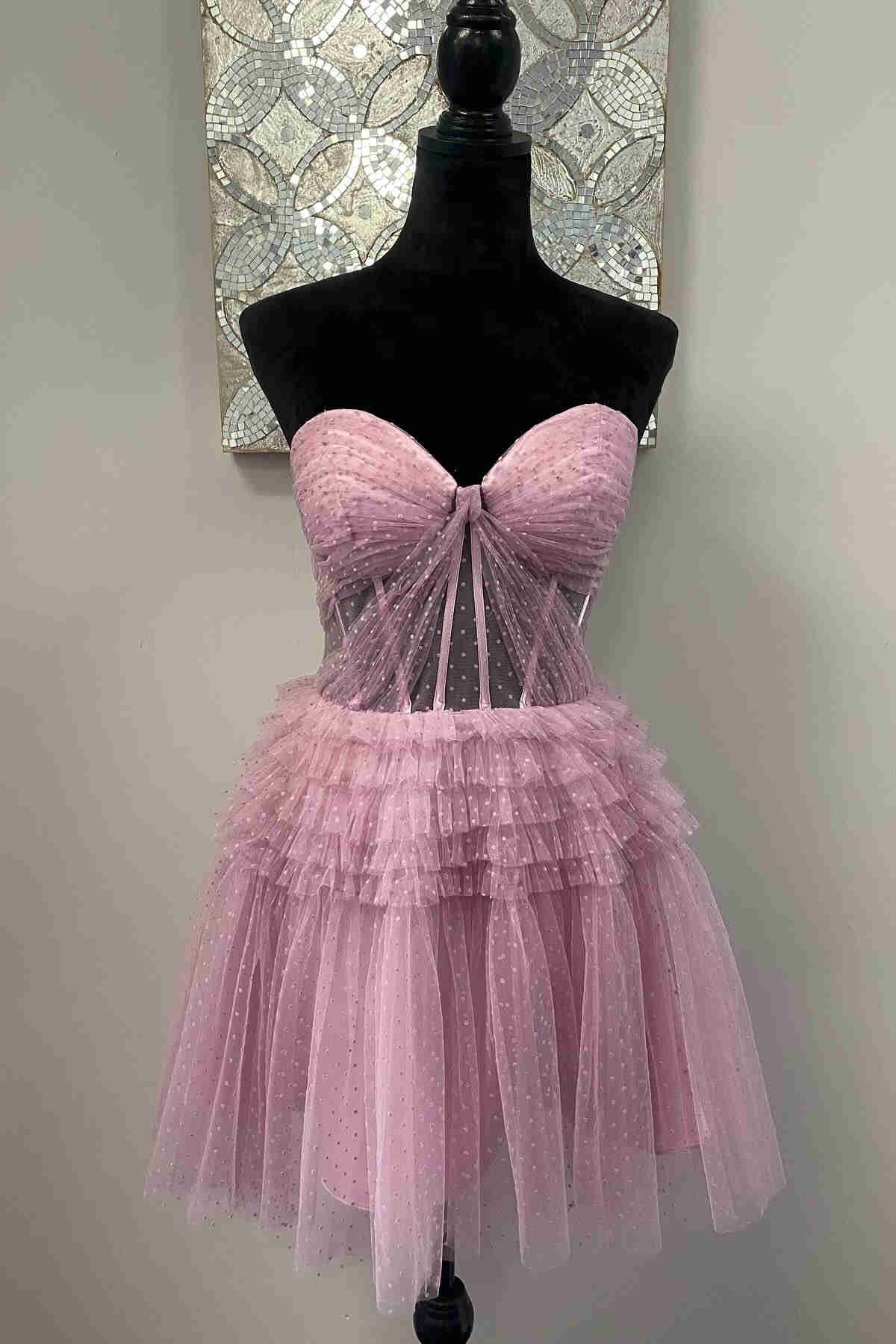 Strapless Pink Corset Layered Short Princess Dress with Swiss Dots