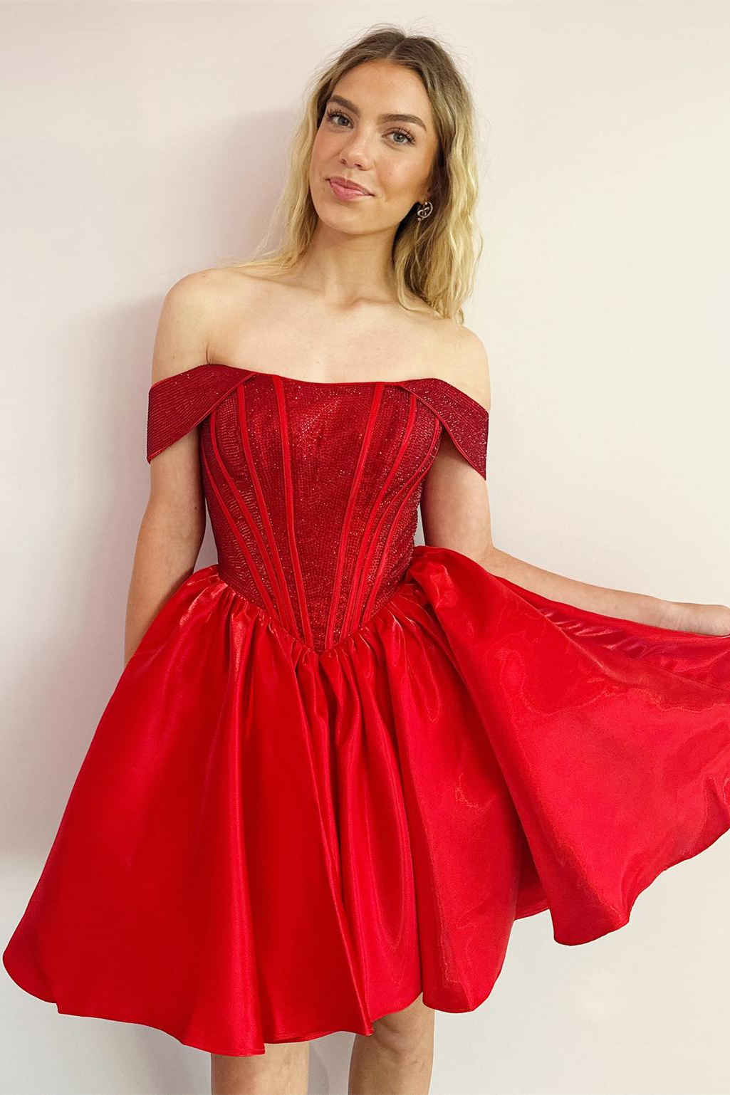 Cute Off the Shoulder Red Beaded A-Line Party Dress