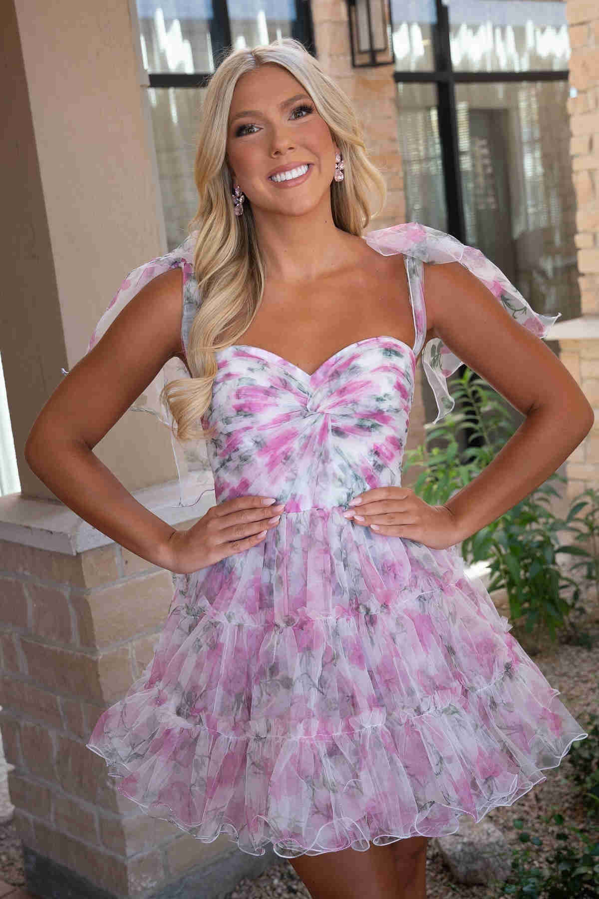 Princess Floral Print Tulle Homecoming Dress with Bow Sleeves