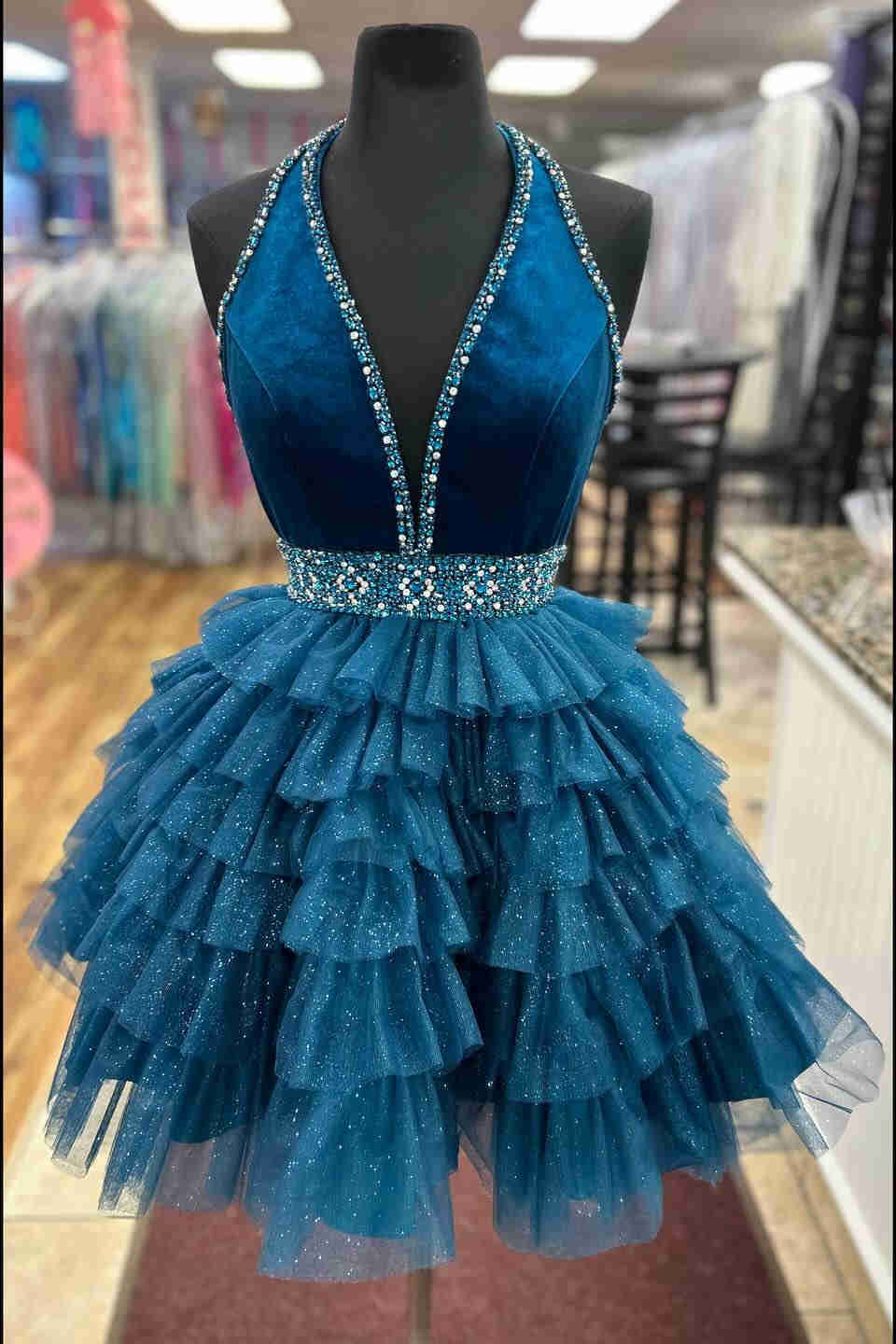 Halter Teal Beaded Ruffled Homecoming Dress