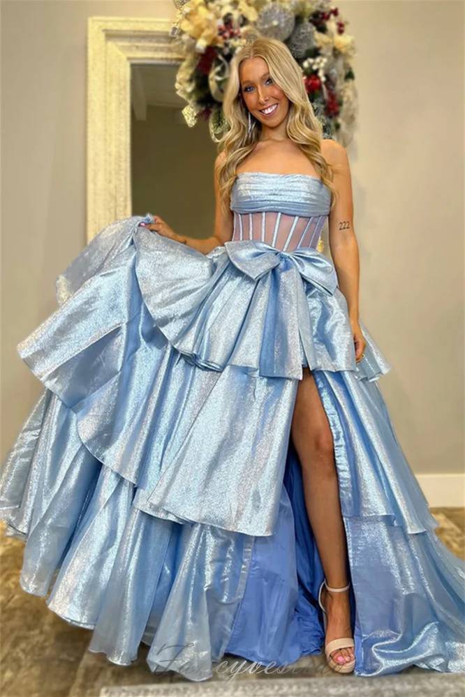 Strapless A-Line Ruffle Prom Dress with Bow