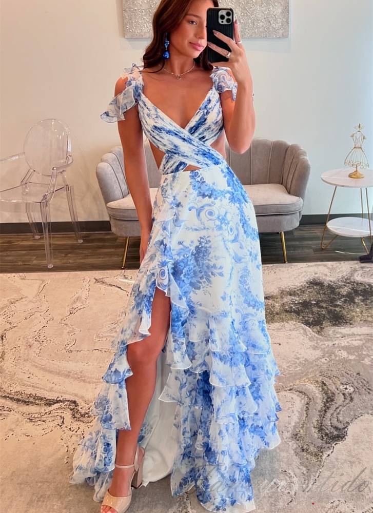 Straps Blue Floral Print Layered Long Prom Dress