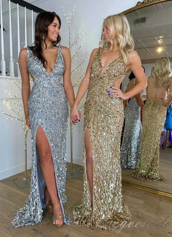 Gold V-Neck Sequin Cutout Mermaid Prom Dresses with Slit