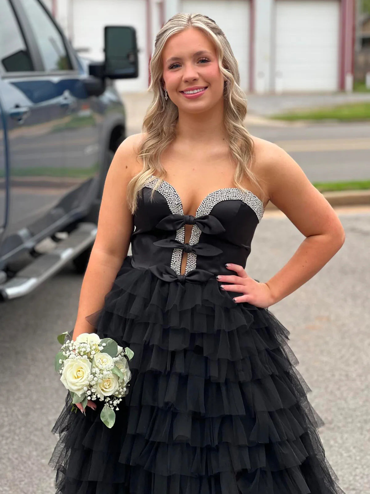 Strapless A-Line Black Ruffle Long Prom Dress