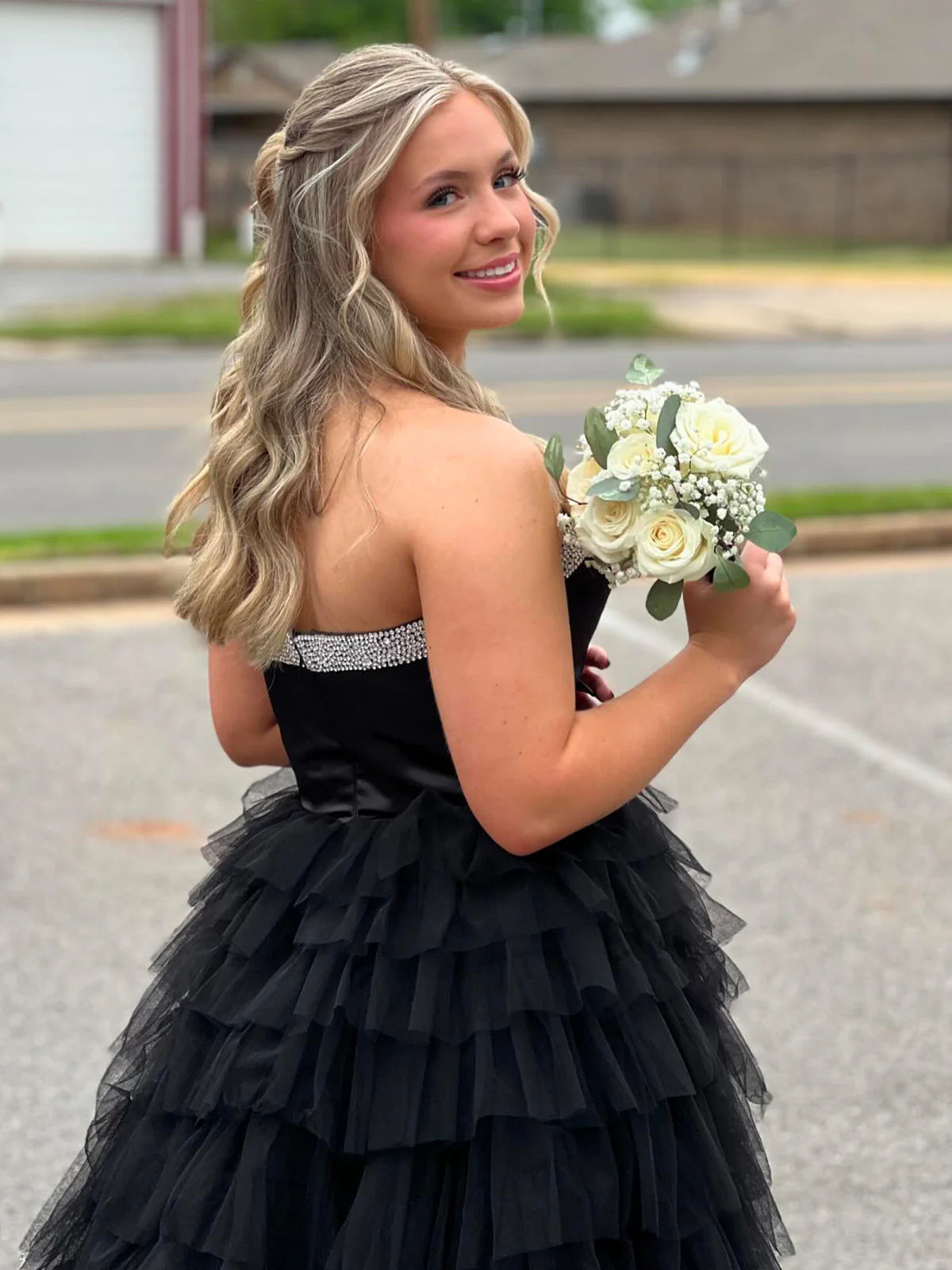 Strapless A-Line Black Ruffle Long Prom Dress