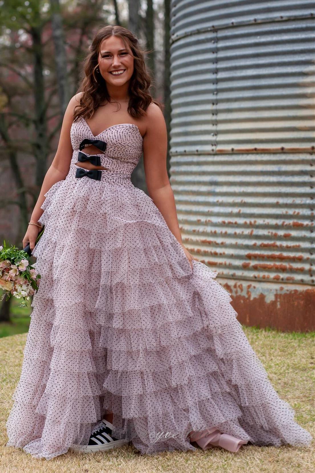 White Strapless Swiss Dot Layered Long Prom Dress