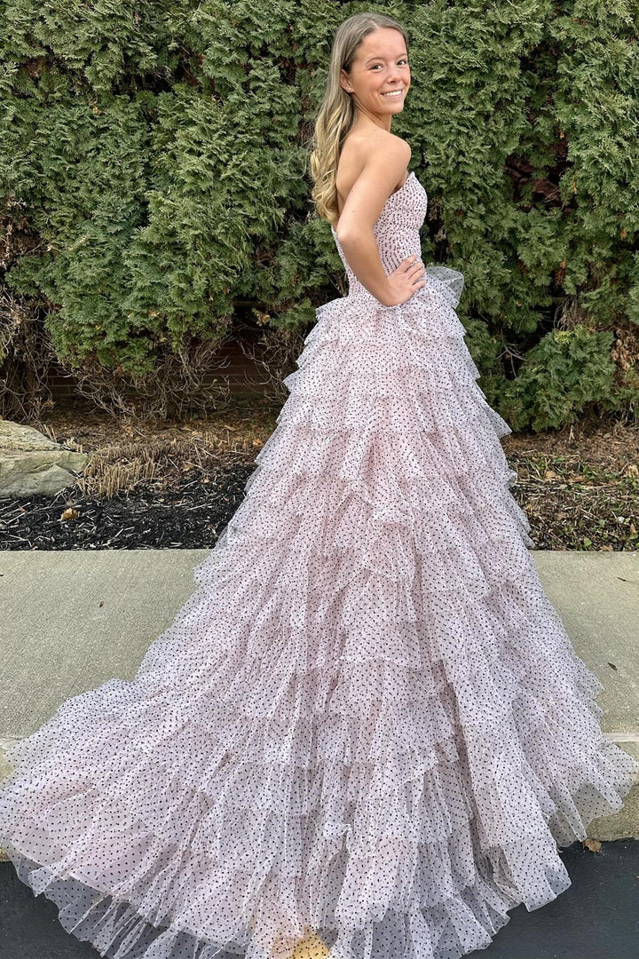 White Strapless Swiss Dot Layered Long Prom Dress