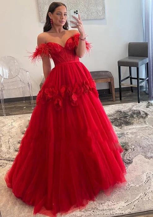 Feather Off Shoulder Lace A-Line Prom Dress with 3D Floral