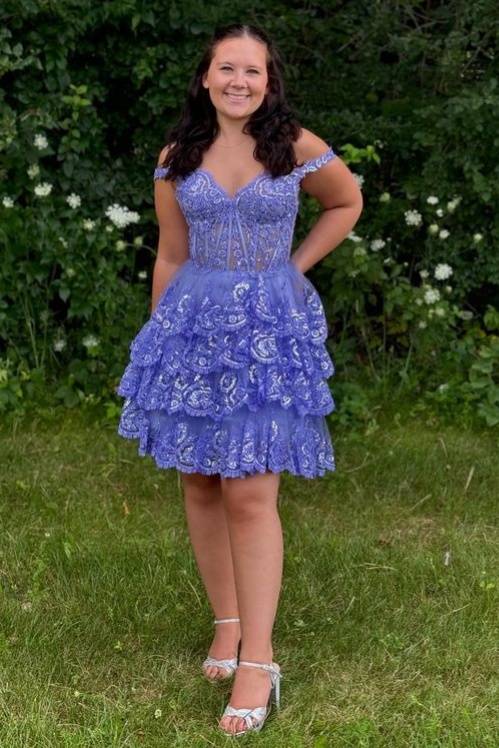 Lace Applique Ruffle Homecoming Dress Off the Shoulder