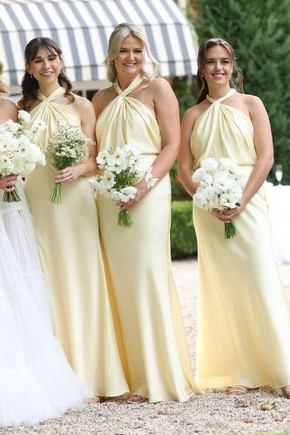 Yellow Halter Long Bridesmaid Dress with Twist Knot