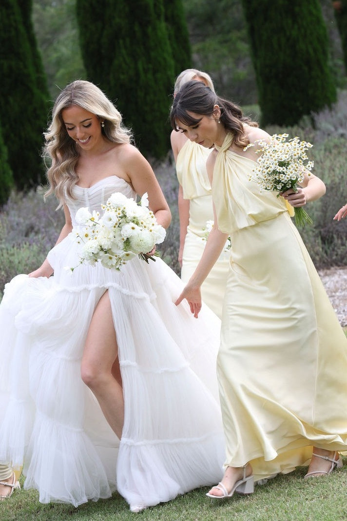 Yellow Halter Long Bridesmaid Dress with Twist Knot