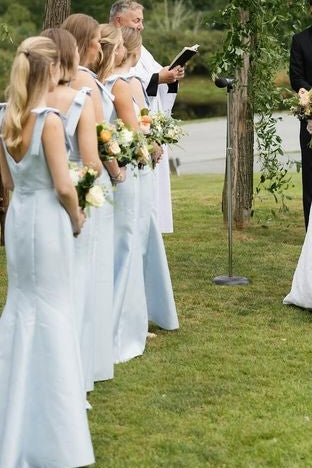 Light Blue Slit Bridesmaid Dress with Bow Tie Straps